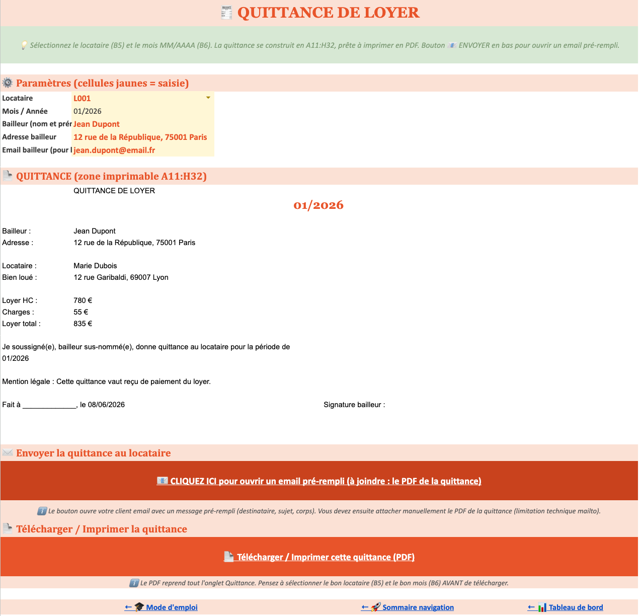 Kit Bailleur — Quittance de loyer : génération automatique en 2 clics, envoi email et téléchargement PDF