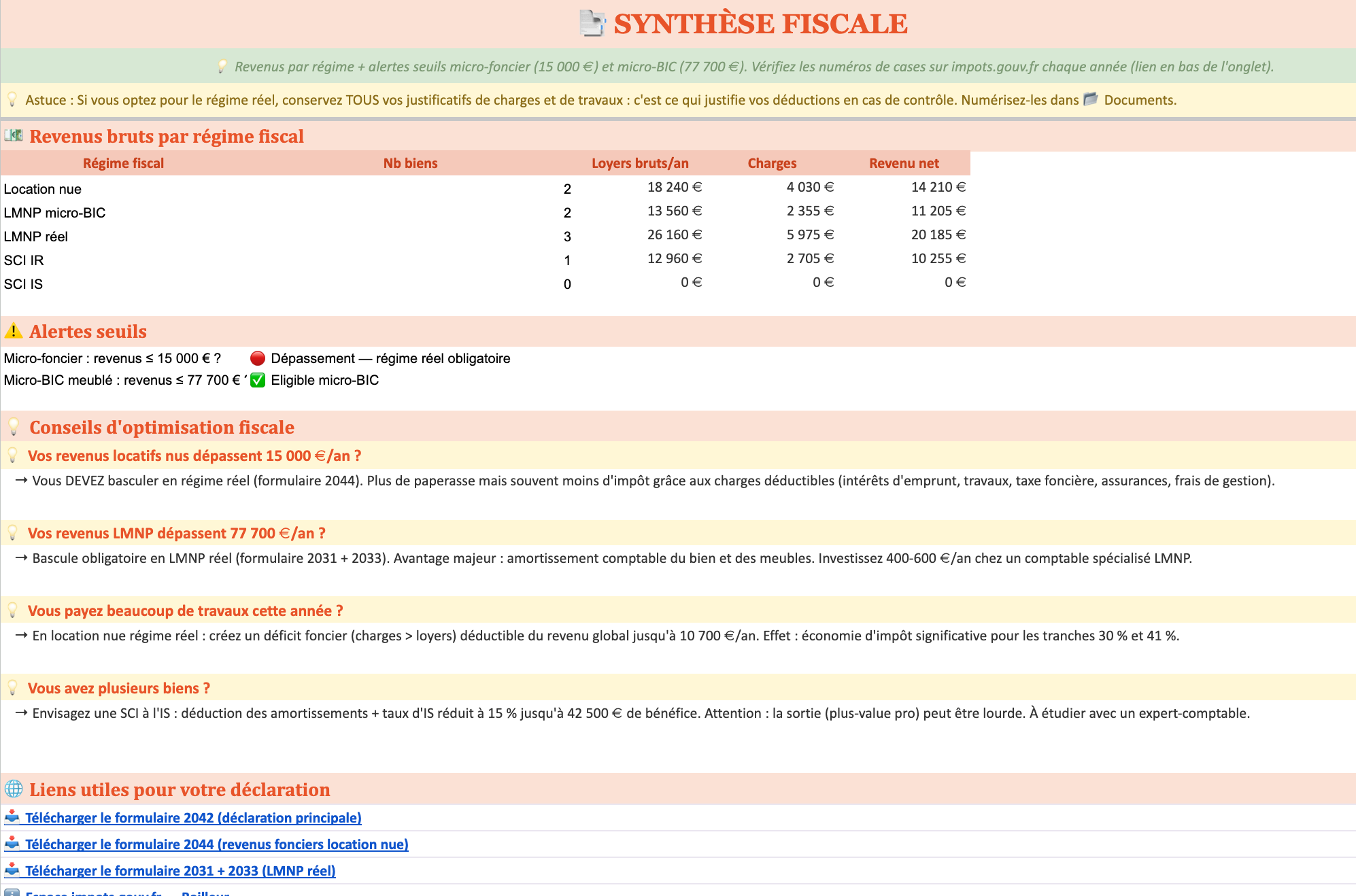 Kit Bailleur — Synthèse fiscale : revenus par régime, alertes seuils micro-foncier et LMNP, conseils d'optimisation et liens CERFA