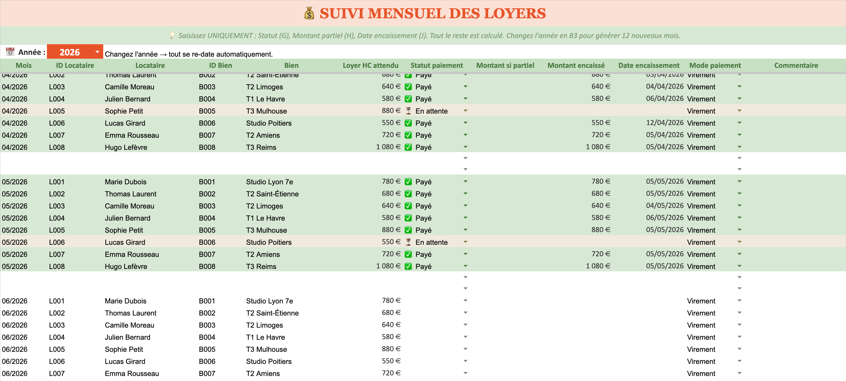 Kit Bailleur — Suivi mensuel des loyers : statut de paiement de chaque locataire, mois par mois